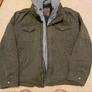 Mens Levis Army green/gray Fleece lined hooded jacket, Size medium